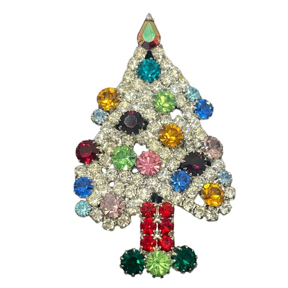 KJL Kenneth Jay Lane silver tone Christmas green & red rhinestone brooch pin